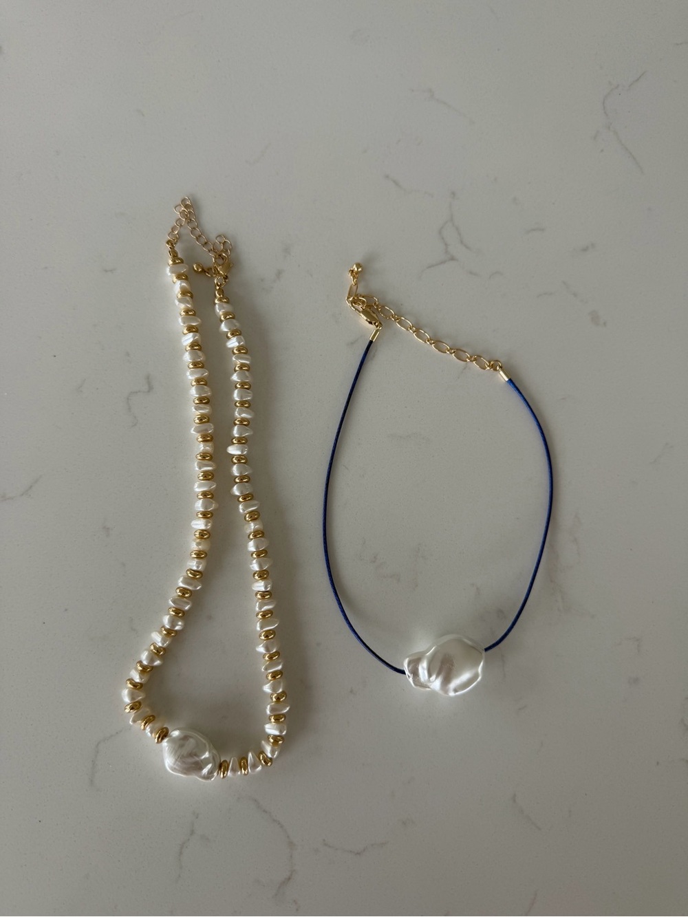 Topshop White Pearl Necklace with Gold Accents and Blue Cord Bracelet